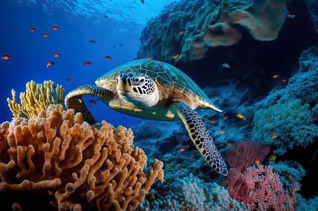 Une tortue se détendant près des coraux sous-marins