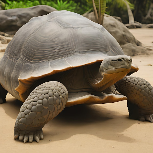 une tortue se promène sur une plage de sable fin.