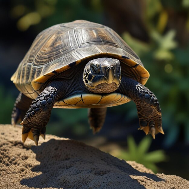 Photo une tortue se tient sur un rocher dans le sable