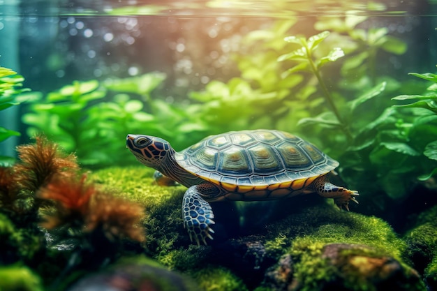 Tortue sous l'eau avec des couleurs vives