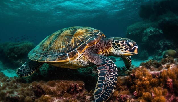 Une tortue sous-marine nageant dans la mer bleue avec un récif corallien généré par l'intelligence artificielle