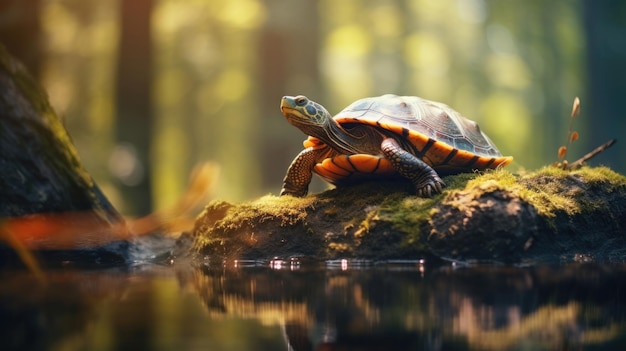 une tortue sur un tronc de bois dans la forêt