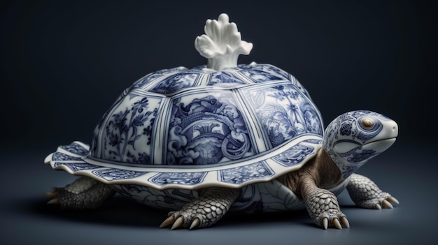 Une tortue avec un vase bleu et blanc sur le dos est assise sur une table.