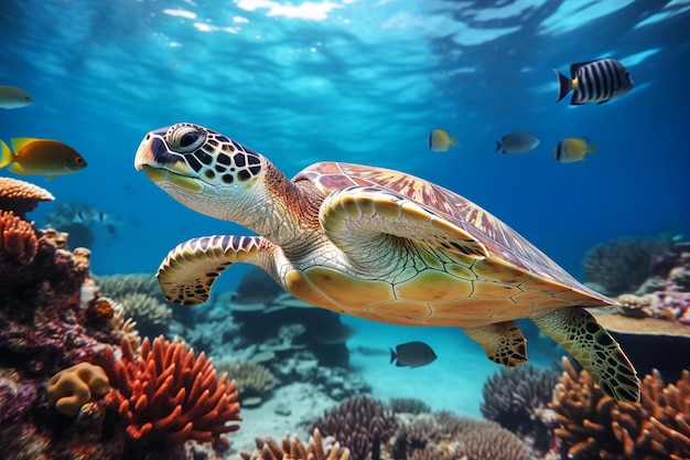 La tortue verte nageant dans l'océan bleu Le monde sous-marin sur le récif de corail