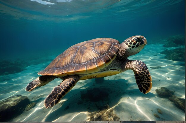 Tortue verte nageant sous l'eau