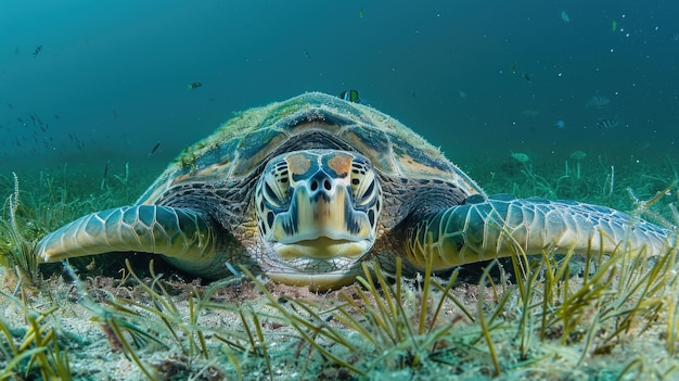 Photo tortue verte avec remora sur l'herbe de mer au récif de marsa shona