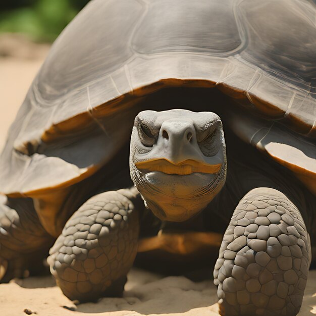 une tortue avec un visage de tortue et deux petites tortues sur le devant