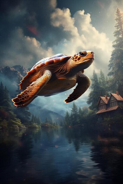 une tortue vole au-dessus d'un lac et d'une maison en arrière-plan