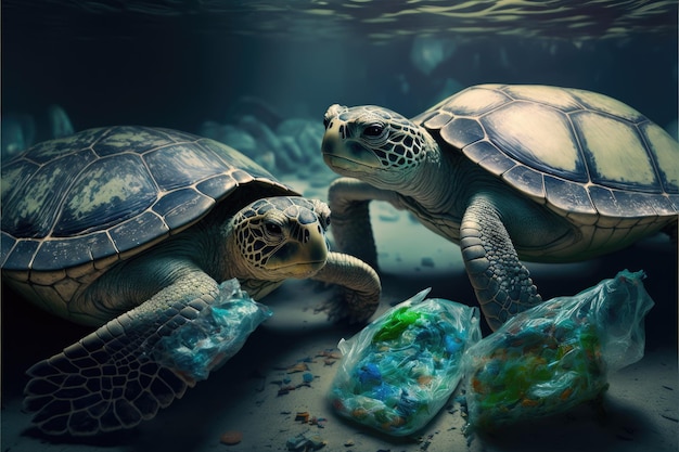Les tortues mangent des sacs plastiques dans la mer Made by AIIntelligence artificielle