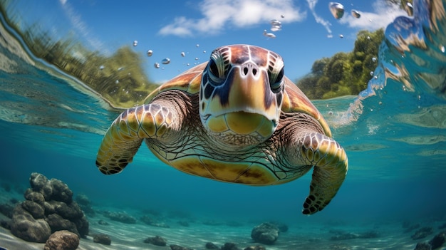 Les tortues marines nagent sous l'eau avec la tête au-dessus de l'eau.