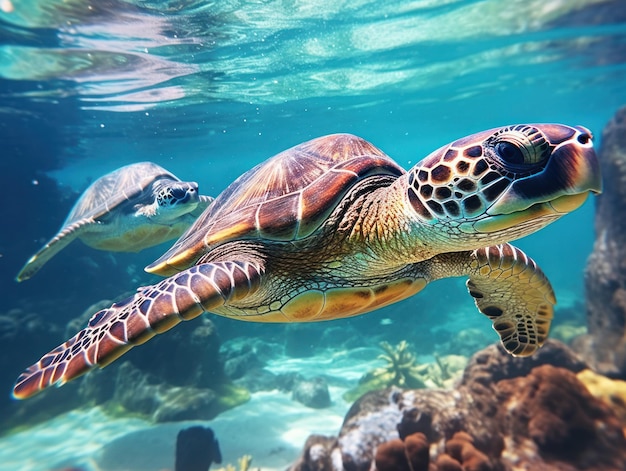 Tortues de mer nageant sous l'eau