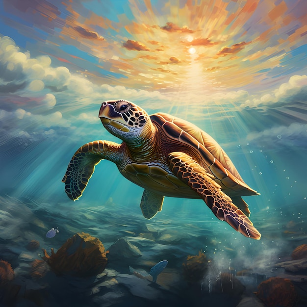 Des tortues nageant dans l'océan générées par l'IA