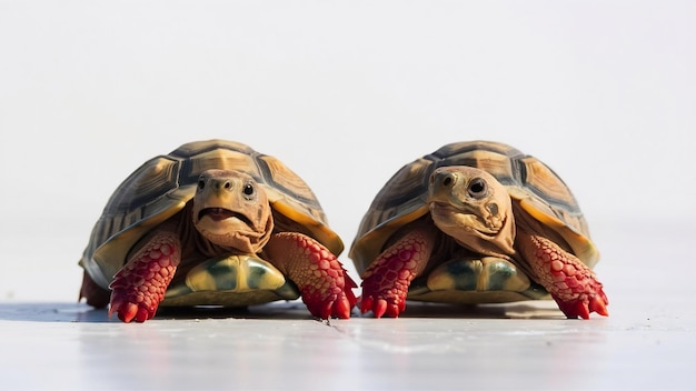 Photo tortues à pattes rouges de 2 ans chelonoidis carbonaria devant une surface blanche