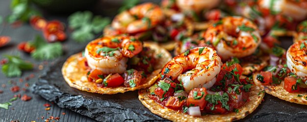 Photo des tostades de ceviche aux crevettes savoureuses au fond