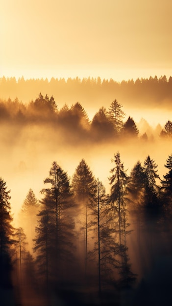 Tôt le matin, la brume s'installe sur une dense forêt de pins.