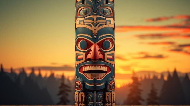 Un totem amérindien sculpté isolé sur un fond dégradé de coucher de soleil