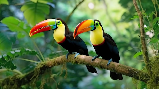 Toucan assis sur la branche dans la végétation verte de la forêt Costa Rica