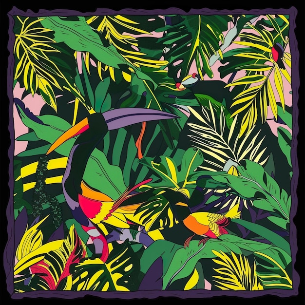 un toucan coloré perché sur l'arbre avec des feuilles, des fleurs et des baies