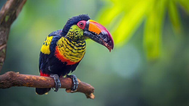 Photo un toucan coloré perché sur l'arbre avec des feuilles, des fleurs et des baies