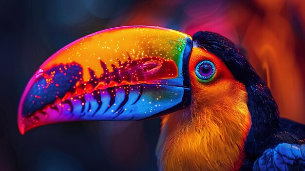 Photo un toucan de couleur néon avec un œil bleu et un grand bec orange