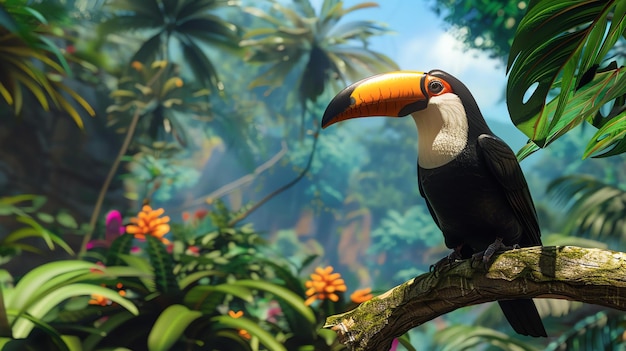 Photo un toucan est assis sur une branche dans une forêt tropicale luxuriante. le toucan était noir avec un bec jaune et orange.