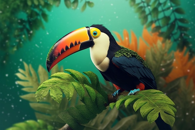 Un toucan est assis sur une branche dans une forêt tropicale