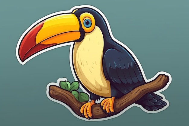 Un toucan est assis sur une branche avec un fond bleu.