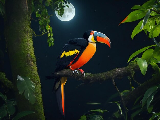 Un toucan est assis sur une branche de la jungle.