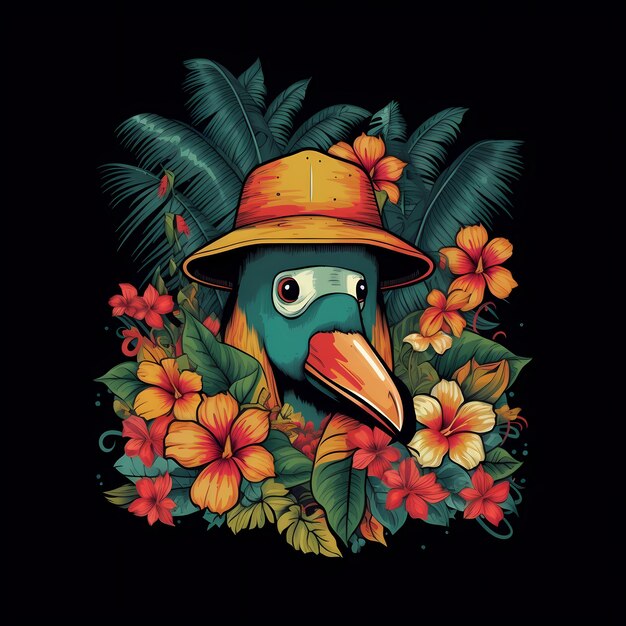 Un toucan est assis dans une jungle tropicale avec des fleurs tropicales