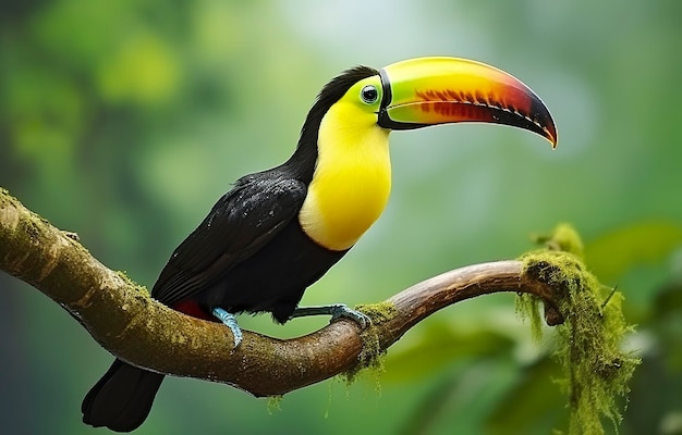 Toucan à mandibule châtaignier assis sur la branche sous une pluie tropicale avec une jungle verte IA générative