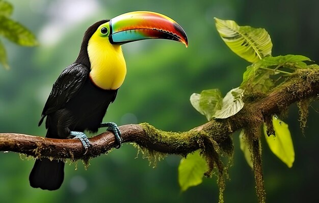 Toucan à mandibule châtaignier assis sur la branche sous une pluie tropicale avec une jungle verte IA générative