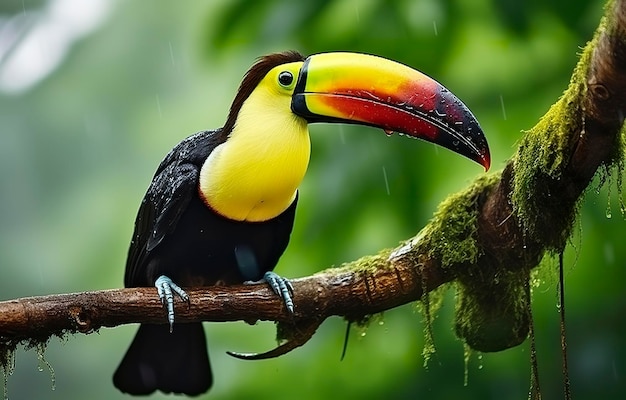 Toucan à mandibule de chêne assis sur la branche dans la pluie tropicale avec une jungle verte IA générative