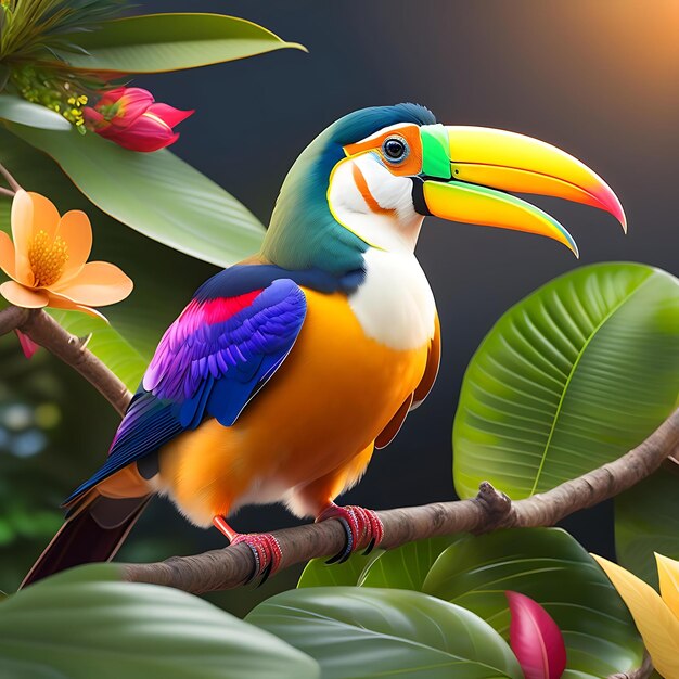 Toucan d'oiseaux tropicaux dans une jungle exotique pleine de feuilles tropicales et de grandes fleurs