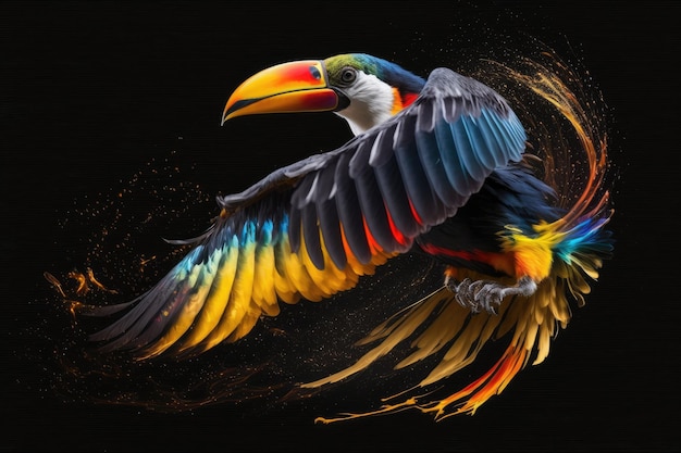 Toucan prenant son envol ses plumes colorées et son bec en pleine vue créé avec générative ai