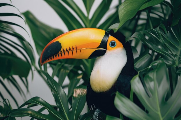 Photo un toucan se nourrit avec son bec brillant parmi les feuilles