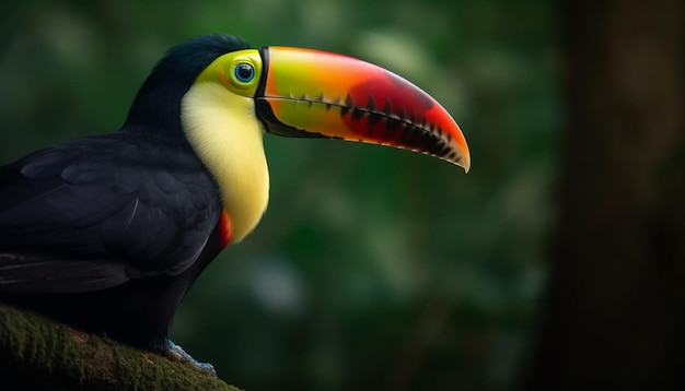 Un toucan vibrant perché sur une branche verte dans une forêt tropicale générée par l'intelligence artificielle