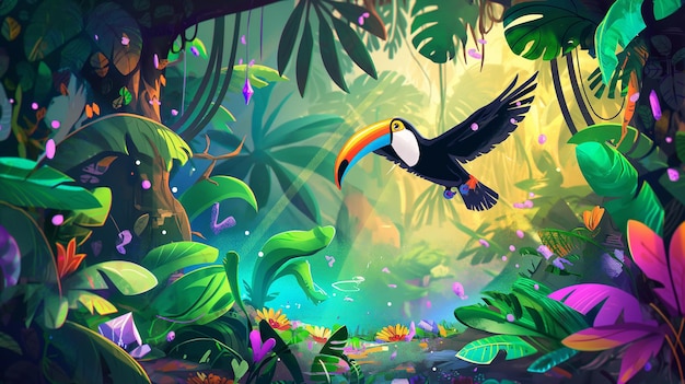 Toucan volant dans une forêt tropicale avec des cristaux Illustration