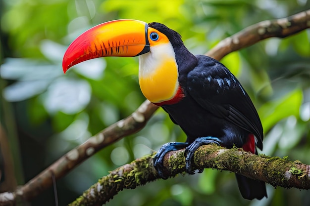 Des toucans colorés perchés dans les forêts tropicales humides Des toucins vibrants ajoutant des rafales de couleurs à la forêt tropicale luxuriante