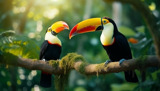 Des toucans perchés sur des branches avec un fond flou de végétation verte