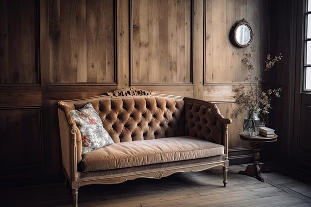 Une touche de chambre confortable vintage avec canapé en bois et mur en bois