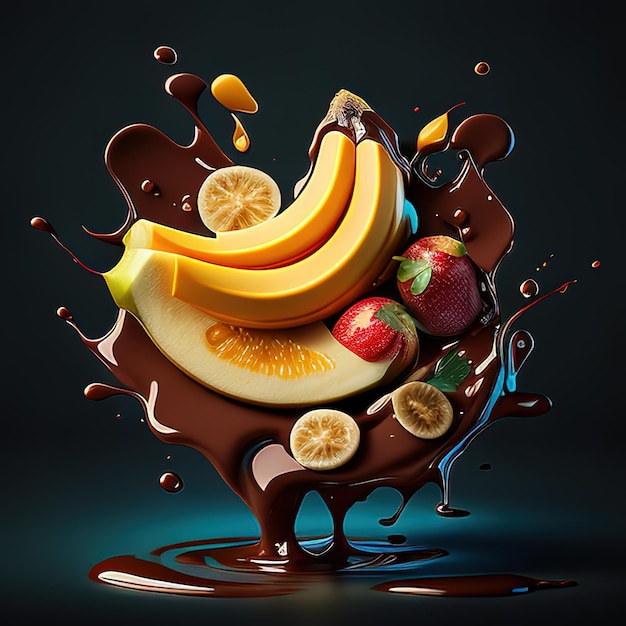 Une touche de chocolat avec des bananes, des fraises, des fraises et d'autres fruits.
