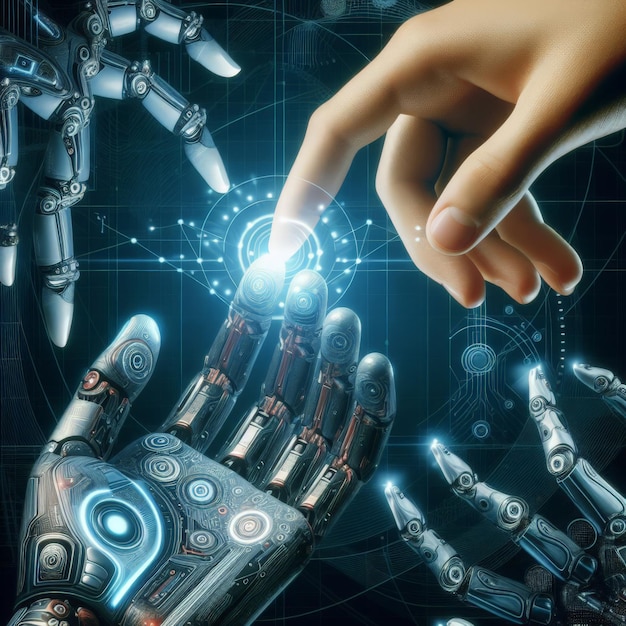 Une touche du futur doigt robotique touchant la main humaine Concept de la révolution de l'IA et de l'AI