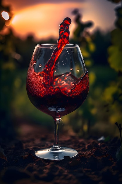 Une touche de vin rouge dans un verre au coucher du soleil sur le fond du vignoble Generative AI 1