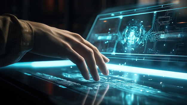 Toucher la main sur l'écran d'ordinateur virtuel affiche un fond de technologie futuriste