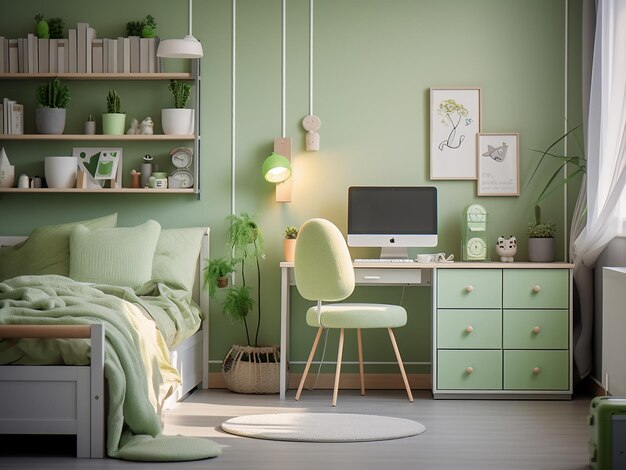 Des touches fantaisistes dans le design vert vif de la chambre d'enfant AI Generation