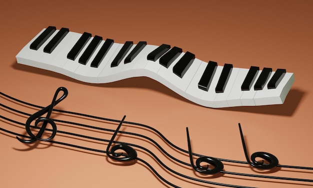 Touches de piano déformées et personnel musical avec notes Illustration 3d stylisée