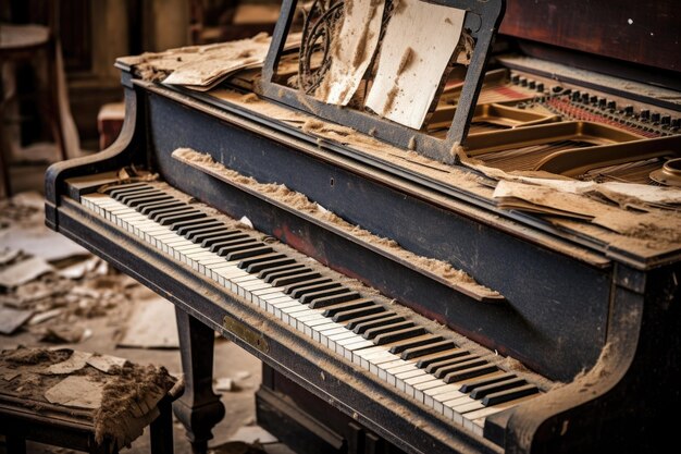 Touches de piano vieillies et usées sur un piano à queue vintage créé avec une IA générative
