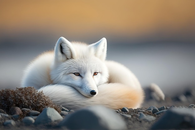 Sur la toundra arctique un renard arctique blanc Vulpes Lagopus est couché Fox Snow