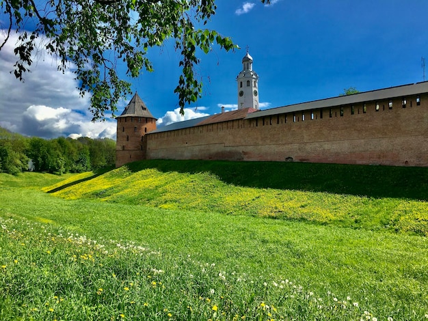 Tour de briques dans le contexte de la nature bleu ciel vert herbe nuages blancs