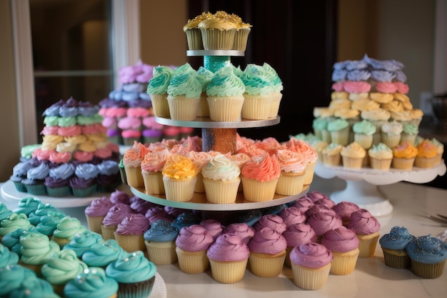 Tour de cupcakes empilées avec des couches de cupcakes de saveurs différentes créées avec une IA générative